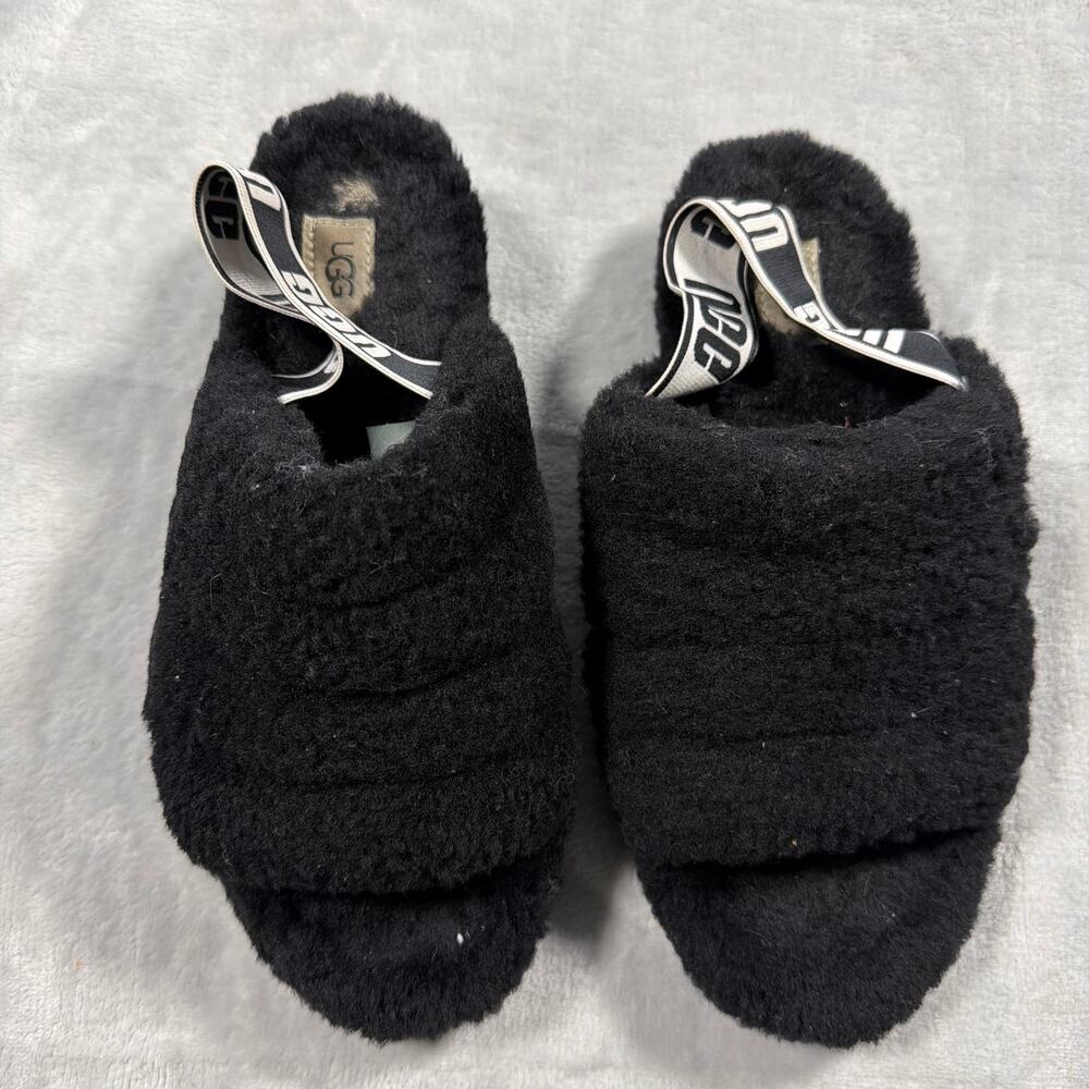 UGG Oh Yeah Womens 9 Black Sheepskin Fluffy Slingback Platform Slippers